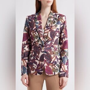 Tahari ASL Floral Leaf Tropical Print Jacket Blazer Retro Wild Berry Plum Sz. 14